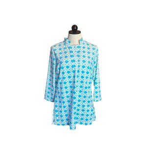 Elizabeth McKay Preppy Costal Beach Turquoise & White Print Dress‎ Collar Sz L